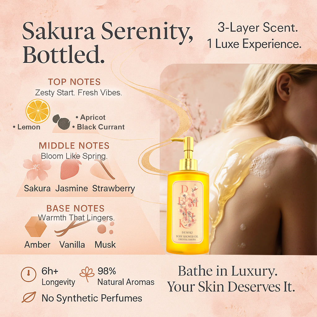 DEMIKI Body Shower Oil (Sakura & White Rose Scent) 10.15 fl oz